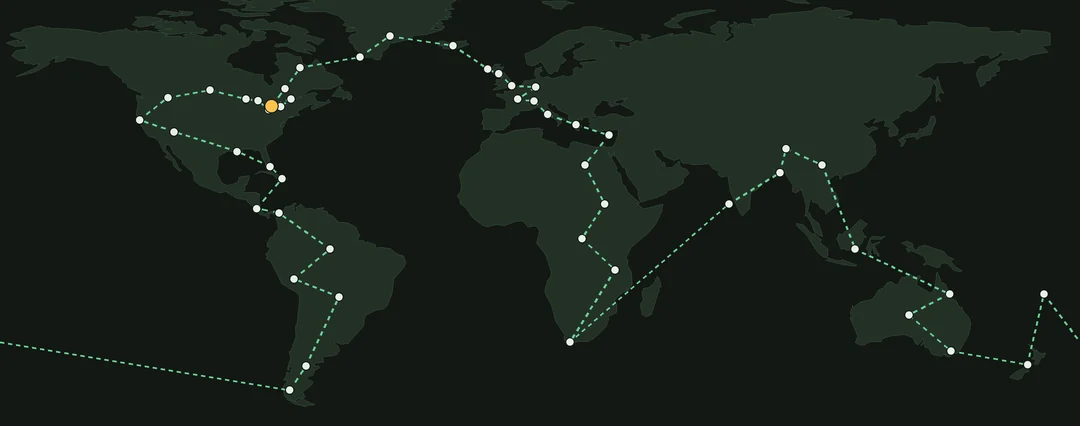 The Migration route around the world, fifty stops from the home marsh and back to it